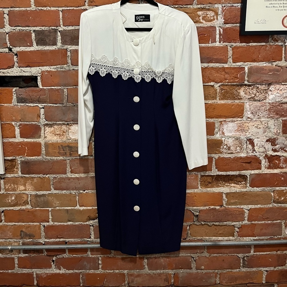 VTG 1980s Dawn Joy Fashions Retro Lace Button Colorblock Dress S/M